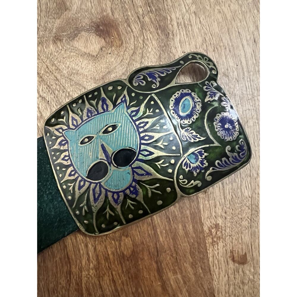 Vintage 1960s Lion Enamel And Brass Leather Statement Belt. - Picture 1 of 6